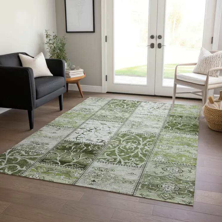3' X 5' Green Patchwork Washable Non Skid Indoor Outdoor Area Rug