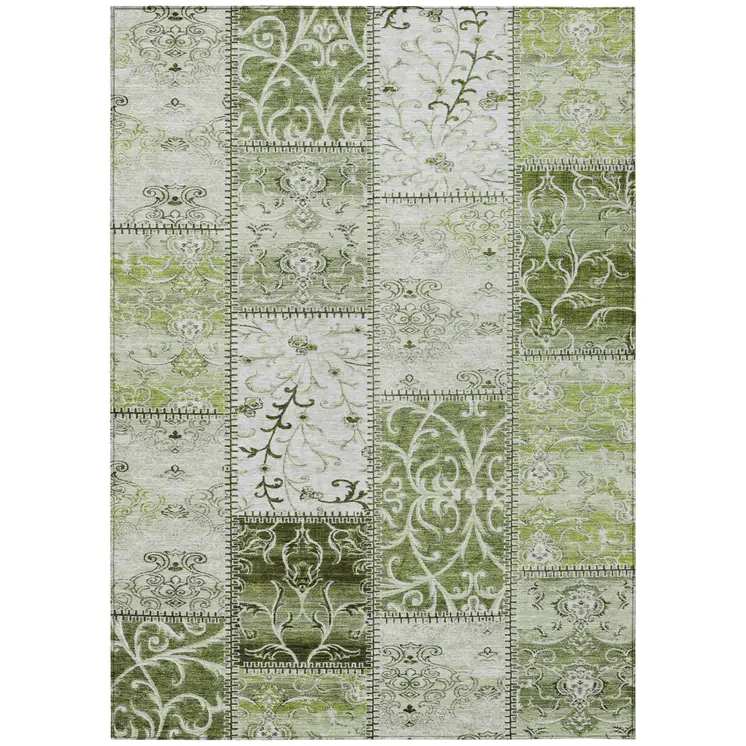 5' X 8' Green Patchwork Washable Non Skid Indoor Outdoor Area Rug
