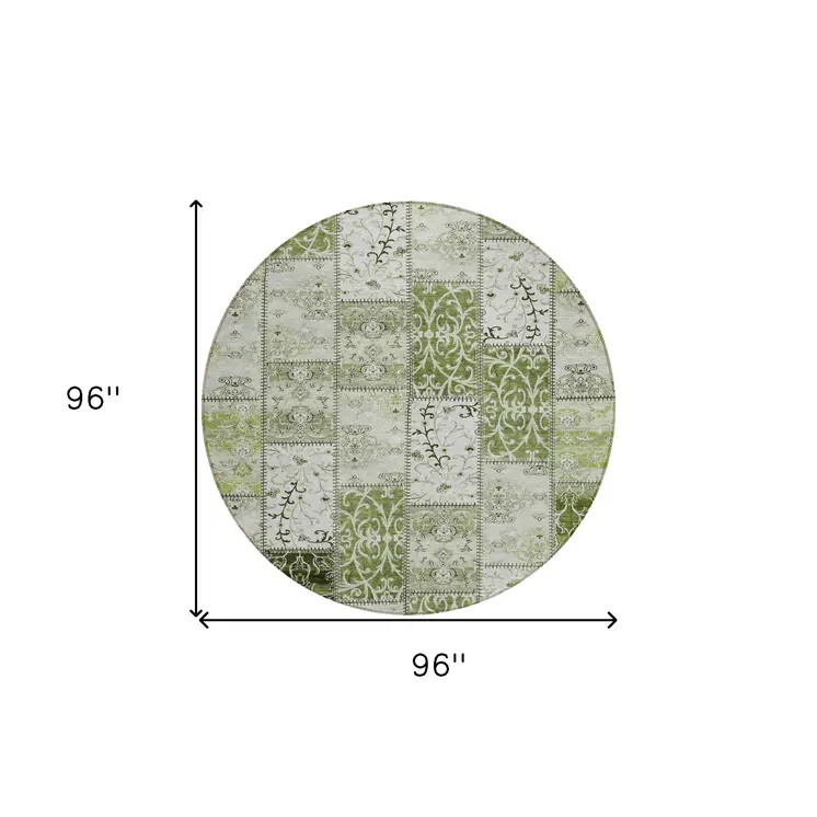 8' Round Green Round Patchwork Washable Non Skid Indoor Outdoor Area Rug