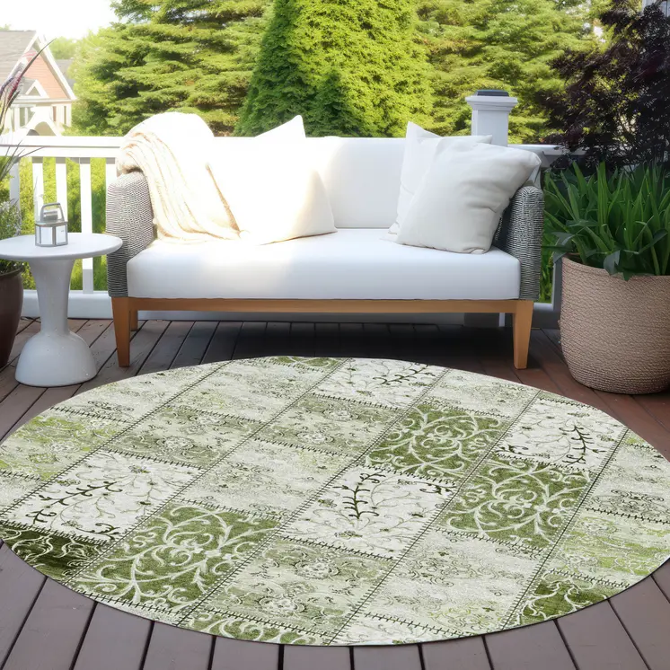 8' Round Green Round Patchwork Washable Non Skid Indoor Outdoor Area Rug