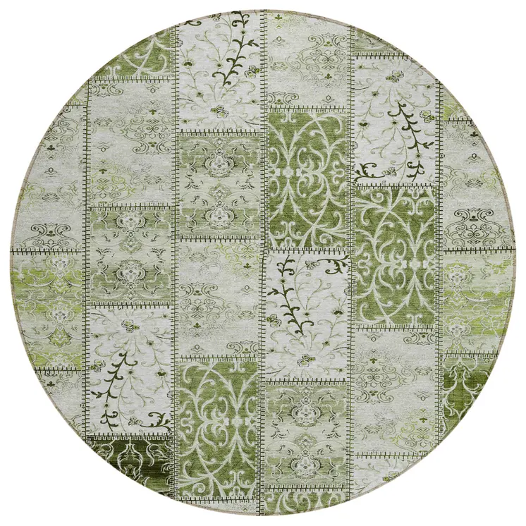 8' Round Green Round Patchwork Washable Non Skid Indoor Outdoor Area Rug