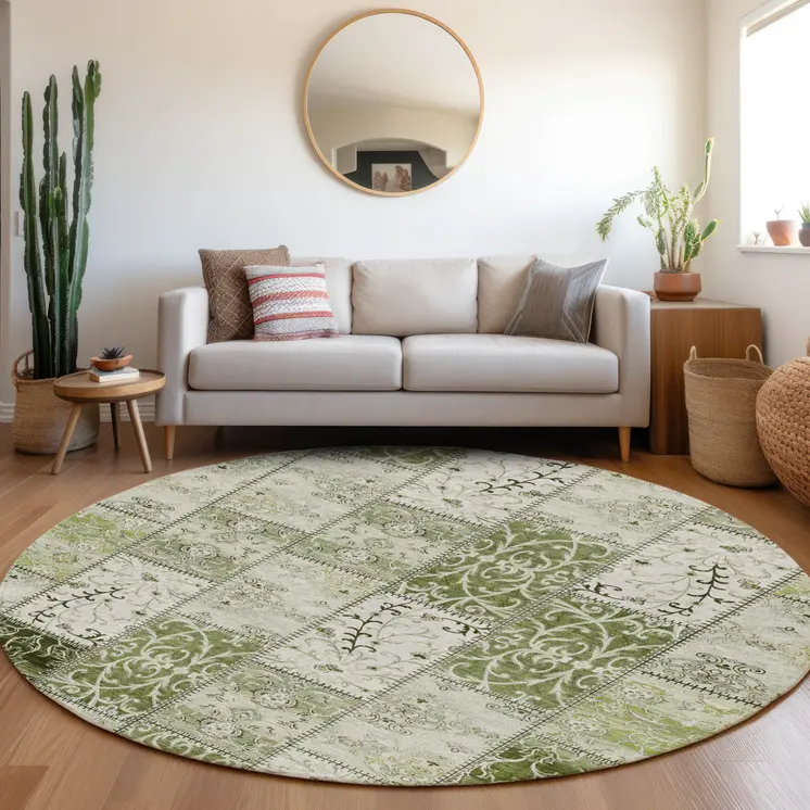 8' Round Green Round Patchwork Washable Non Skid Indoor Outdoor Area Rug