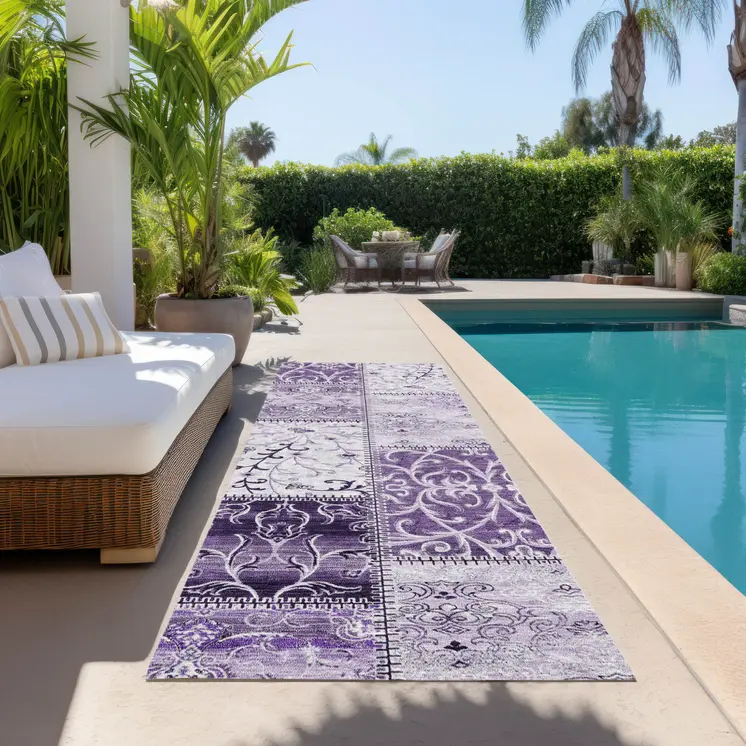 8' Runner Purple Patchwork Washable Non Skid Indoor Outdoor Runner Rug