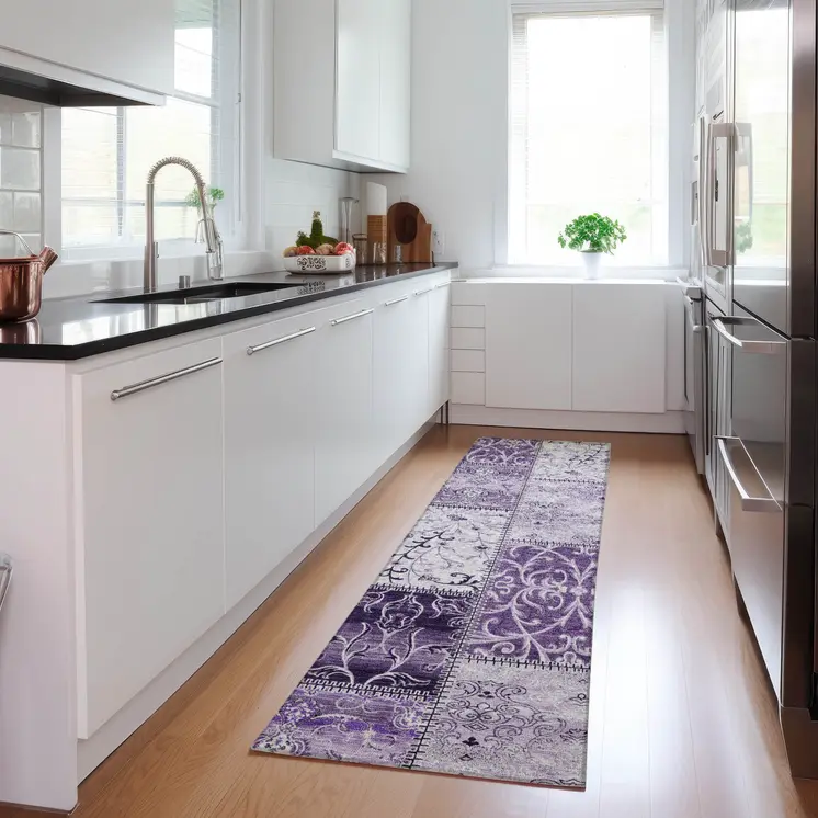 8' Runner Purple Patchwork Washable Non Skid Indoor Outdoor Runner Rug