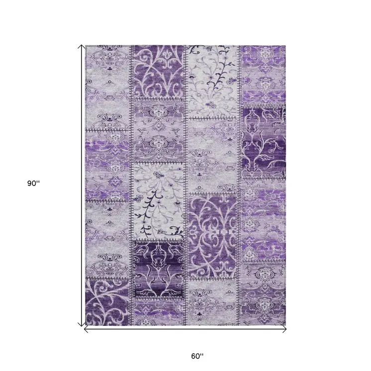 5' X 8' Purple Patchwork Washable Non Skid Indoor Outdoor Area Rug