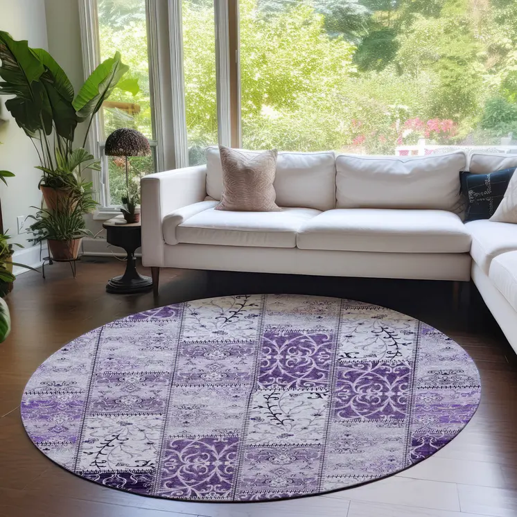 8' Round Purple Round Patchwork Washable Non Skid Indoor Outdoor Area Rug