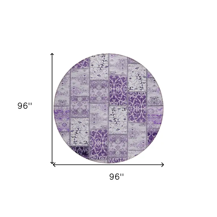 8' Round Purple Round Patchwork Washable Non Skid Indoor Outdoor Area Rug
