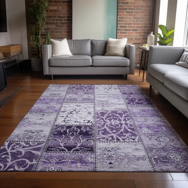 8' X 10' Purple Patchwork Washable Non Skid Indoor Outdoor Area Rug