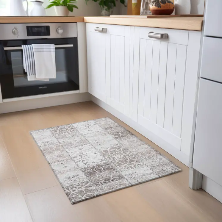 2' X 3' Taupe Patchwork Washable Indoor Outdoor Area Rug