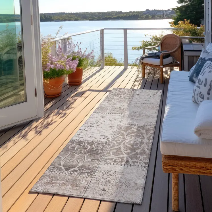 8' Runner Taupe and Ivory Patchwork Washable Non Skid Indoor Outdoor Runner Rug