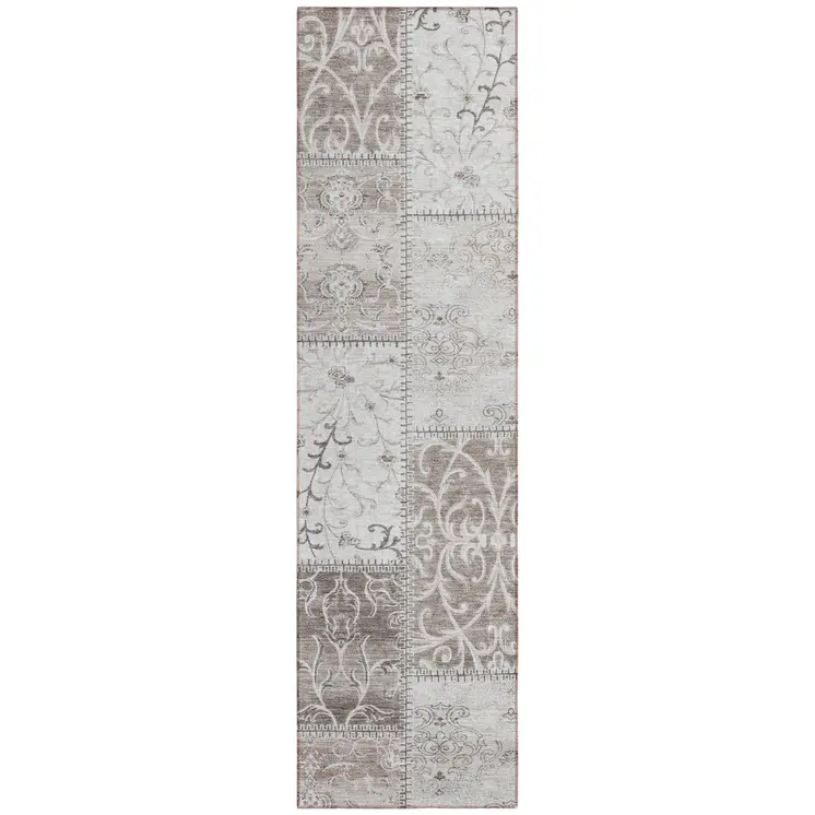 8' Runner Taupe and Ivory Patchwork Washable Non Skid Indoor Outdoor Runner Rug