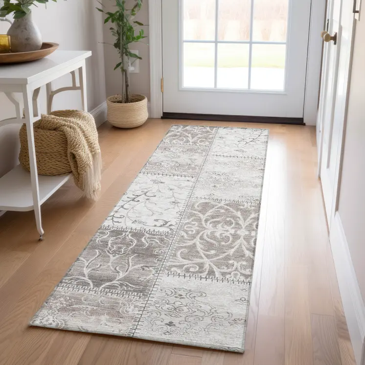 8' Runner Taupe and Ivory Patchwork Washable Non Skid Indoor Outdoor Runner Rug