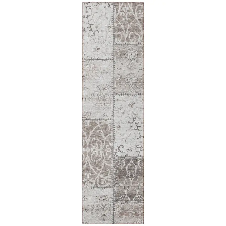 8' Runner Taupe and Ivory Patchwork Washable Non Skid Indoor Outdoor Runner Rug