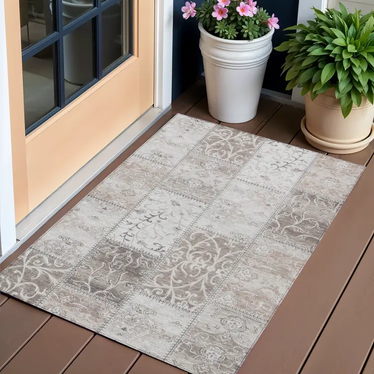 3' X 5' Taupe Patchwork Washable Indoor Outdoor Area Rug