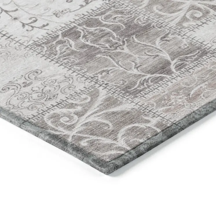 5' X 8' Taupe Patchwork Distressed Washable Indoor Outdoor Area Rug