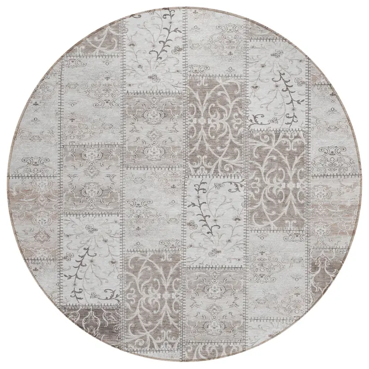 8' Taupe And Ivory Round Patchwork Washable Indoor Outdoor Area Rug