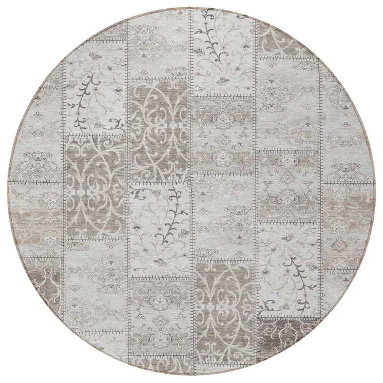 8' Taupe And Ivory Round Patchwork Washable Indoor Outdoor Area Rug
