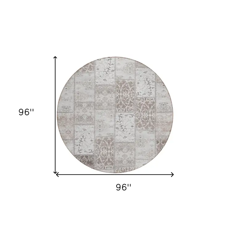 8' Taupe And Ivory Round Patchwork Washable Indoor Outdoor Area Rug