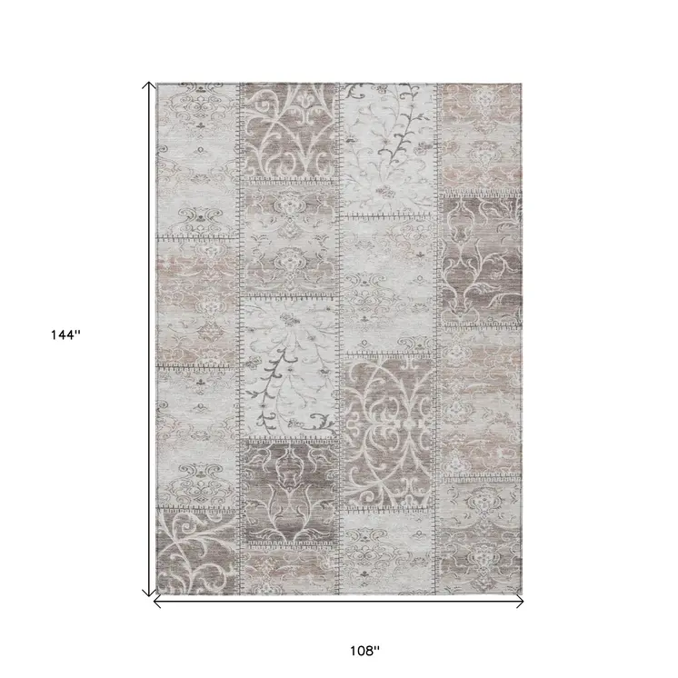 9' X 12' Taupe and Ivory Patchwork Washable Non Skid Indoor Outdoor Area Rug