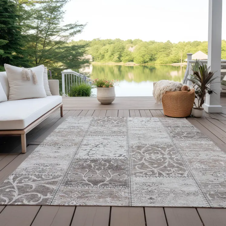 9' X 12' Taupe and Ivory Patchwork Washable Non Skid Indoor Outdoor Area Rug