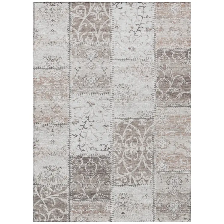 9' X 12' Taupe and Ivory Patchwork Washable Non Skid Indoor Outdoor Area Rug