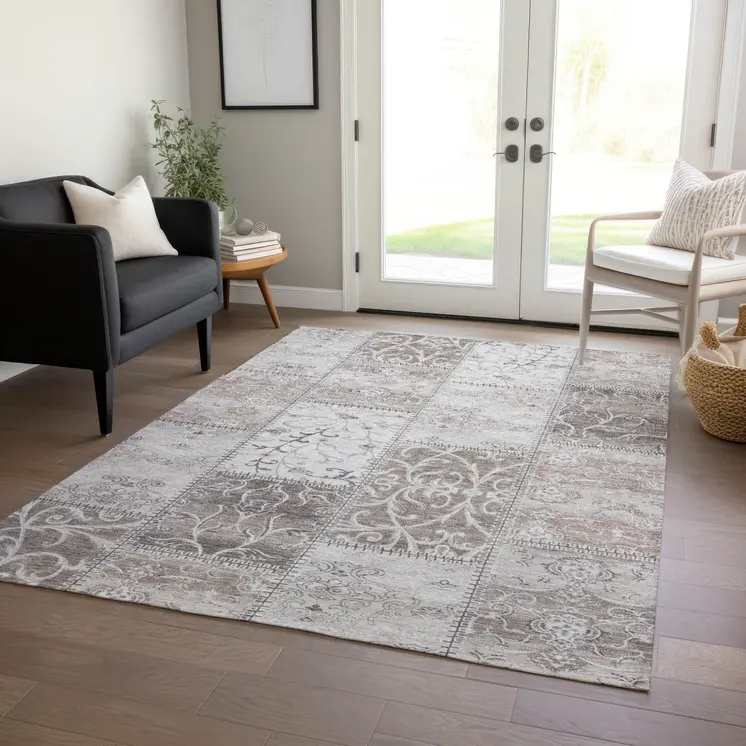 9' X 12' Taupe and Ivory Patchwork Washable Non Skid Indoor Outdoor Area Rug