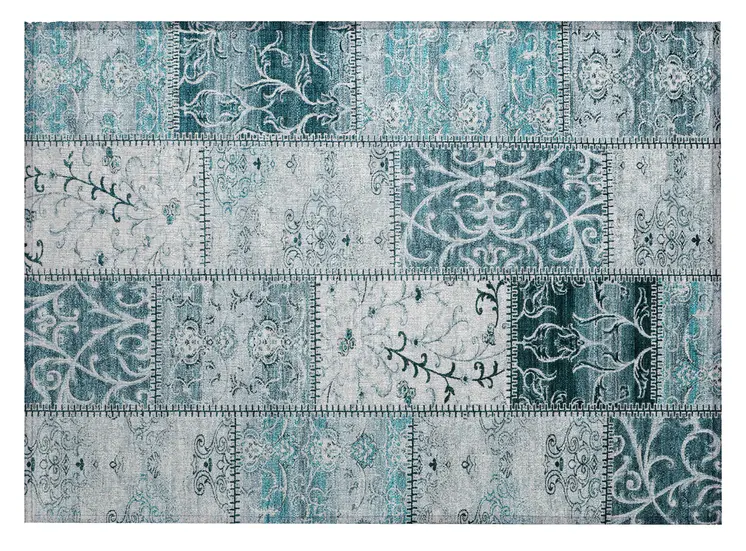 2' X 3' Teal Patchwork Washable Non Skid Indoor Outdoor Area Rug