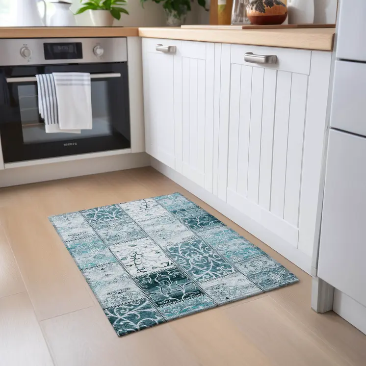 2' X 3' Teal Patchwork Washable Non Skid Indoor Outdoor Area Rug