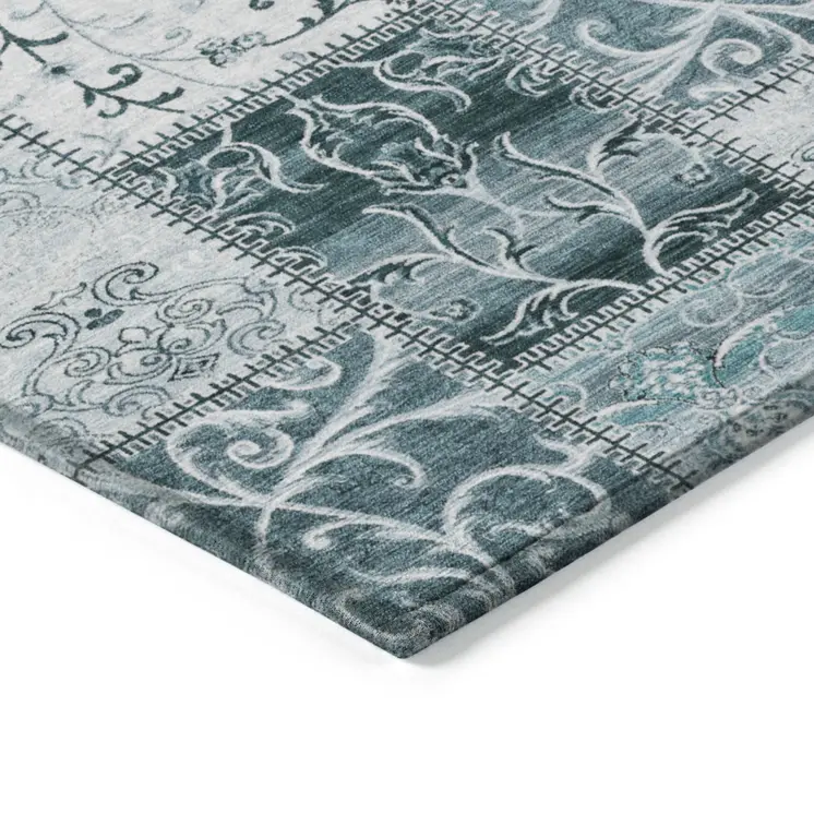 8' Runner Teal Patchwork Washable Non Skid Indoor Outdoor Runner Rug