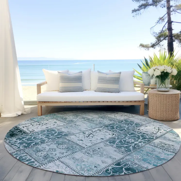 8' Round Teal Round Patchwork Washable Non Skid Indoor Outdoor Area Rug