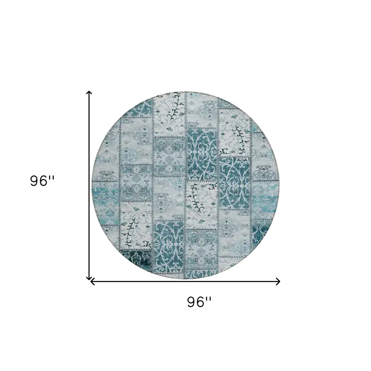 8' Round Teal Round Patchwork Washable Non Skid Indoor Outdoor Area Rug