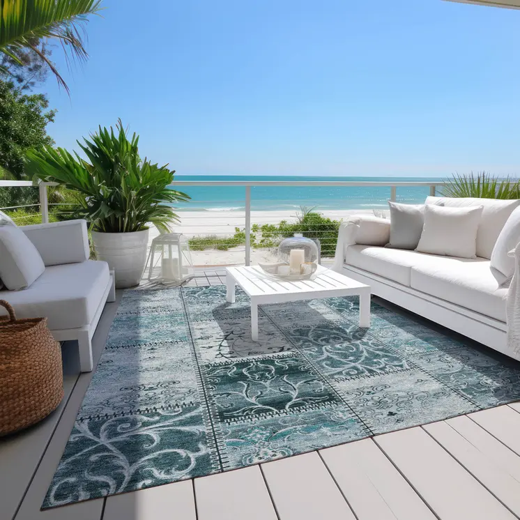 8' X 10' Teal Patchwork Washable Non Skid Indoor Outdoor Area Rug