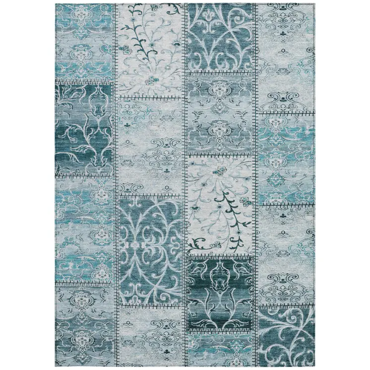 10' X 14' Teal Patchwork Washable Non Skid Indoor Outdoor Area Rug