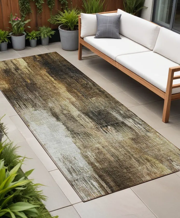 8' Runner Chocolate Abstract Washable Non Skid Indoor Outdoor Runner Rug