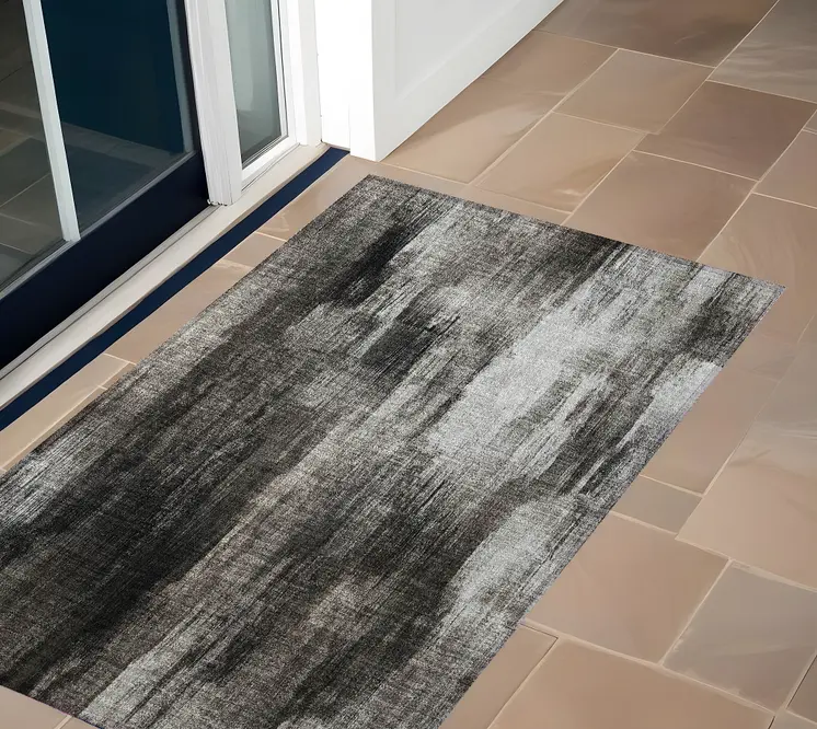2' X 3' Gray and Black Abstract Washable Non Skid Indoor Outdoor Area Rug