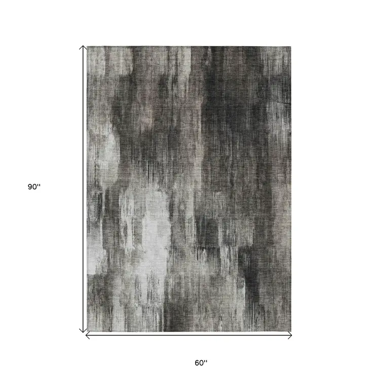 5' X 8' Gray And Black Abstract Washable Indoor Outdoor Area Rug