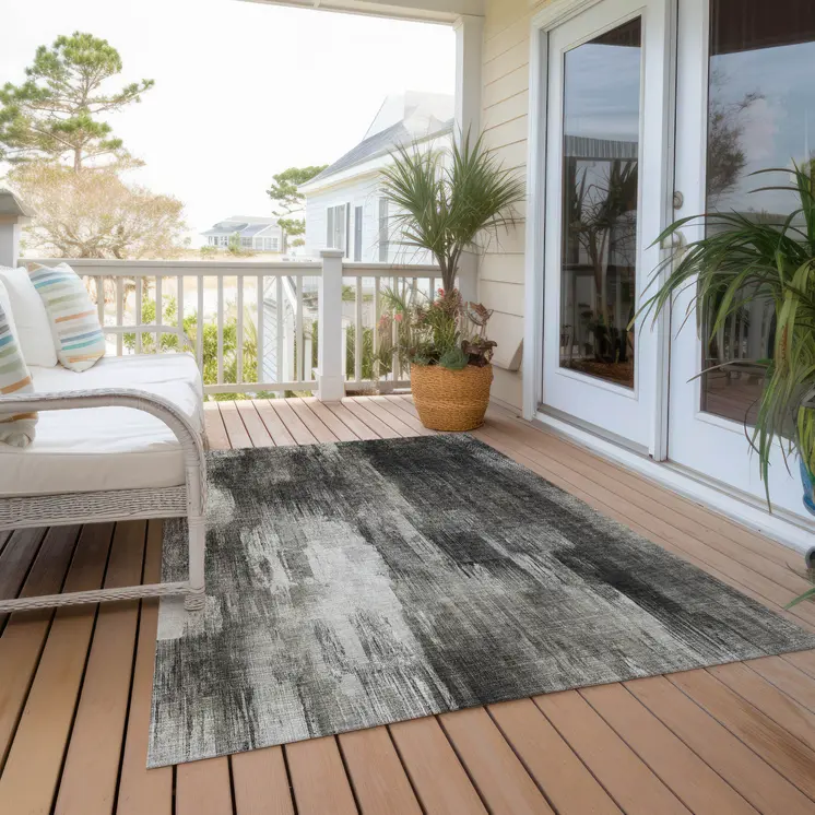 5' X 8' Gray And Black Abstract Washable Indoor Outdoor Area Rug