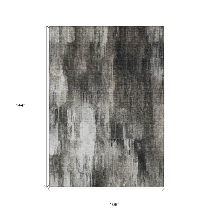 9' X 12' Gray and Black Abstract Washable Non Skid Indoor Outdoor Area Rug