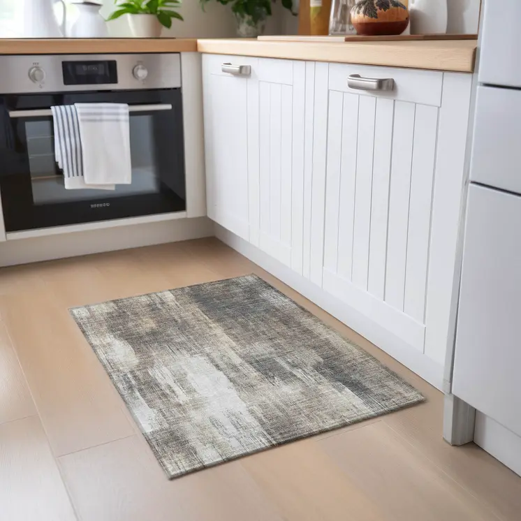 2' X 3' Taupe and Gray Abstract Washable Non Skid Indoor Outdoor Area Rug