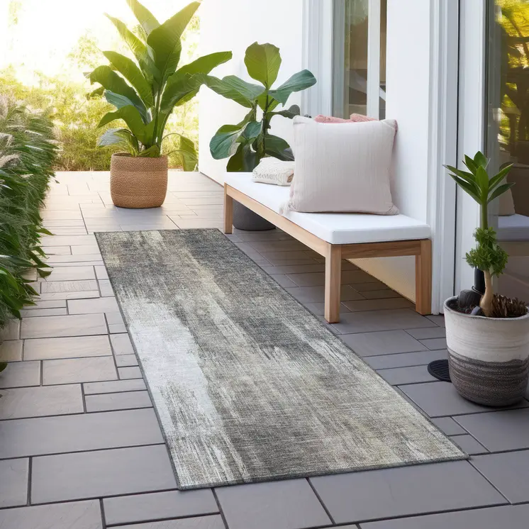 8' Taupe And Gray Abstract Washable Indoor Outdoor Runner Rug