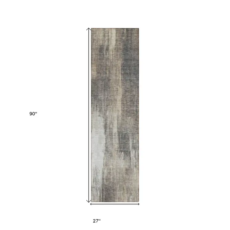 8' Taupe And Gray Abstract Washable Indoor Outdoor Runner Rug