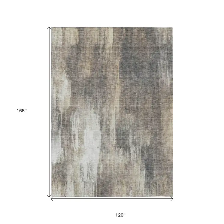 10' X 14' Taupe and Gray Abstract Washable Non Skid Indoor Outdoor Area Rug