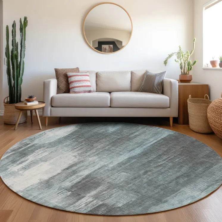 8' Round Teal Round Abstract Washable Non Skid Indoor Outdoor Area Rug
