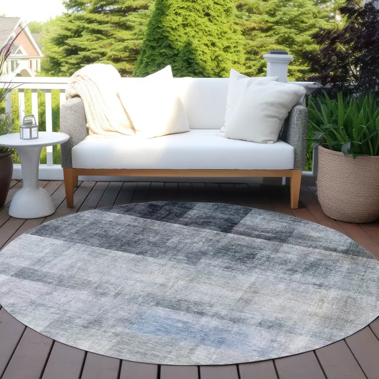 8' Round Navy and Gray Round Ombre Washable Non Skid Indoor Outdoor Area Rug
