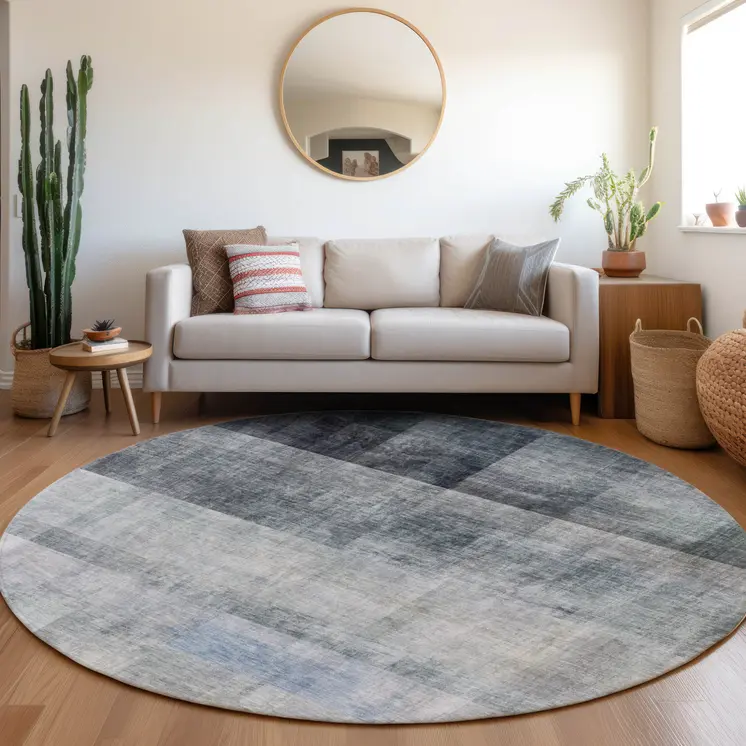 8' Round Navy and Gray Round Ombre Washable Non Skid Indoor Outdoor Area Rug