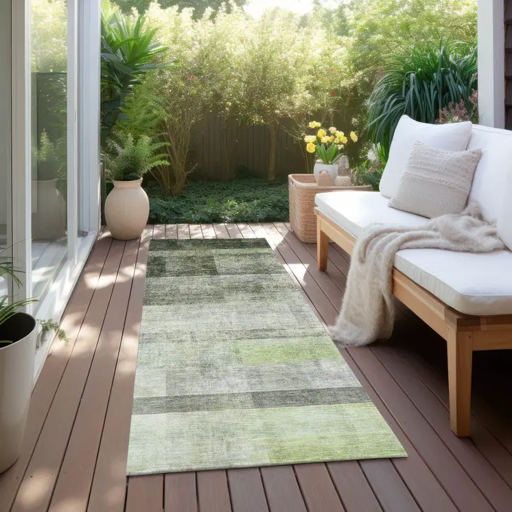 8' Runner Olive Green Ombre Washable Non Skid Indoor Outdoor Runner Rug