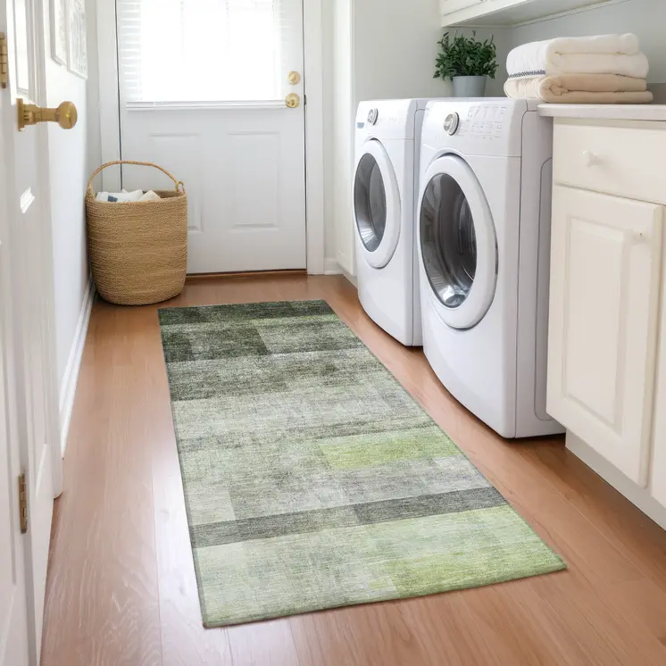 8' Runner Olive Green Ombre Washable Non Skid Indoor Outdoor Runner Rug