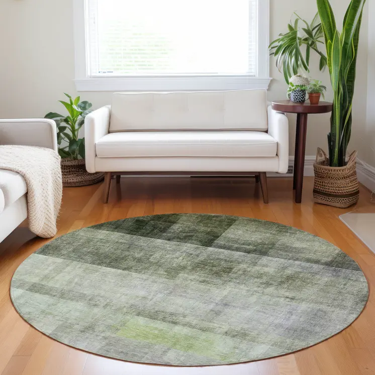 8' Olive Green Round Ombre Washable Indoor Outdoor Area Rug
