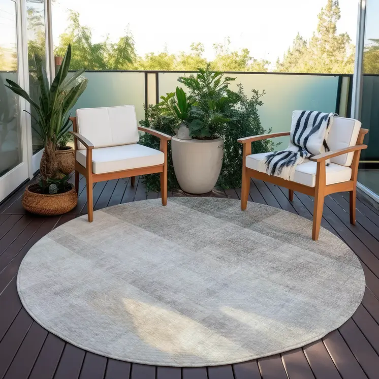 8' Round Taupe Round Ombre Washable Non Skid Indoor Outdoor Area Rug