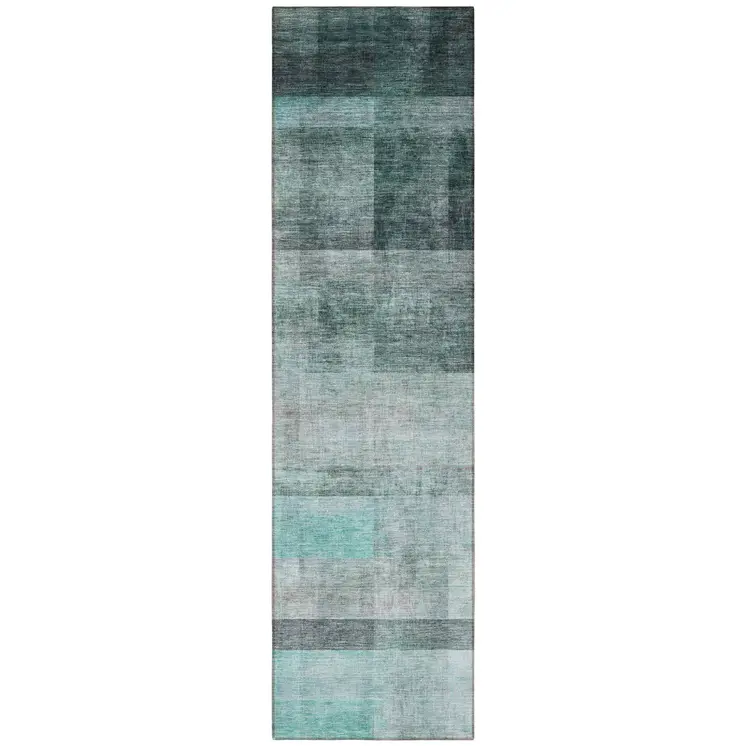 8' Runner Teal Ombre Washable Non Skid Indoor Outdoor Runner Rug